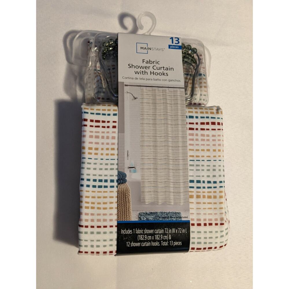 Mainstays Fabric Shower Curtain with Hooks Multi Stitching Stripe 13 Pieces
